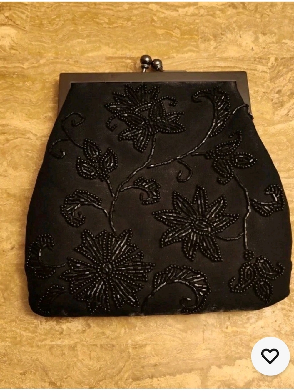VTG Hillard Hanson Black Silky Purse 1960's Long Chain 21" Small Flower Beading